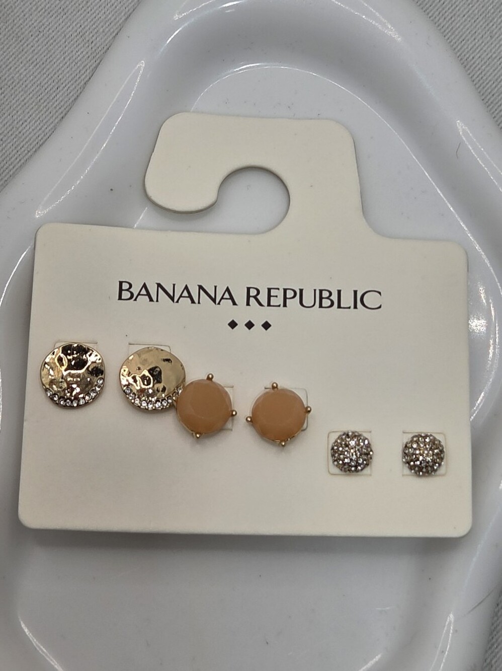✨ NWT Banana Republic 3-Pair Gold & Peach Stud Earring Set 🍑 Crystal & Hammered